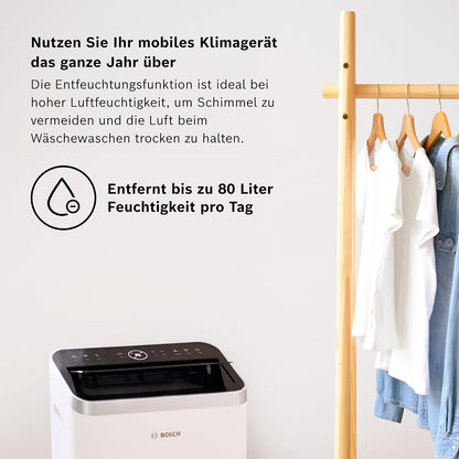 Bosch Cool 5000 Mobiles Klimagerät - 3-in-1 Klimaanlage, Luftentfeuchter, Ventilator - 3,4 kW für Räume bis zu 46 m² - Mit Auto-Modus, Silent-Modus & Sleep-Modus