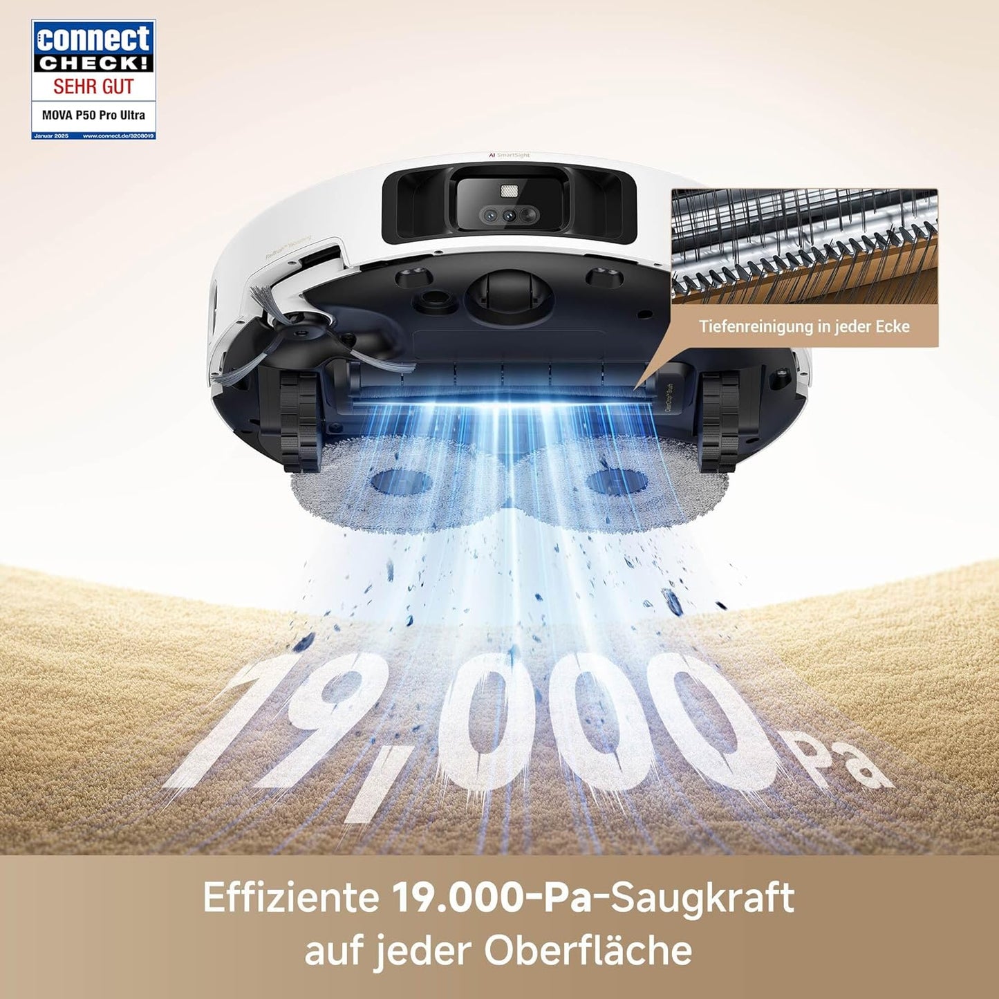 Mova P50 Pro Ultra Saugroboter mit Wischfunktion, 19.000 Pa Saugkraft, 75 ℃ Heißwasser-Moppwäsche, automatische Reinigung, automatische Entleerung, automatische Nachfüllung, Hindernisvermeidung