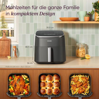 Cosori Turboblaze Airfryer Heißluftfritteuse, 9-in-1 Air Fryer XXL 6L, leiser DC Motor mit 5 Geschwindigkeitsstufen, Grillen, Backen, Gären, Dehydrieren, Tiefkühlen, 87 Rezepte, 64% energiesparend