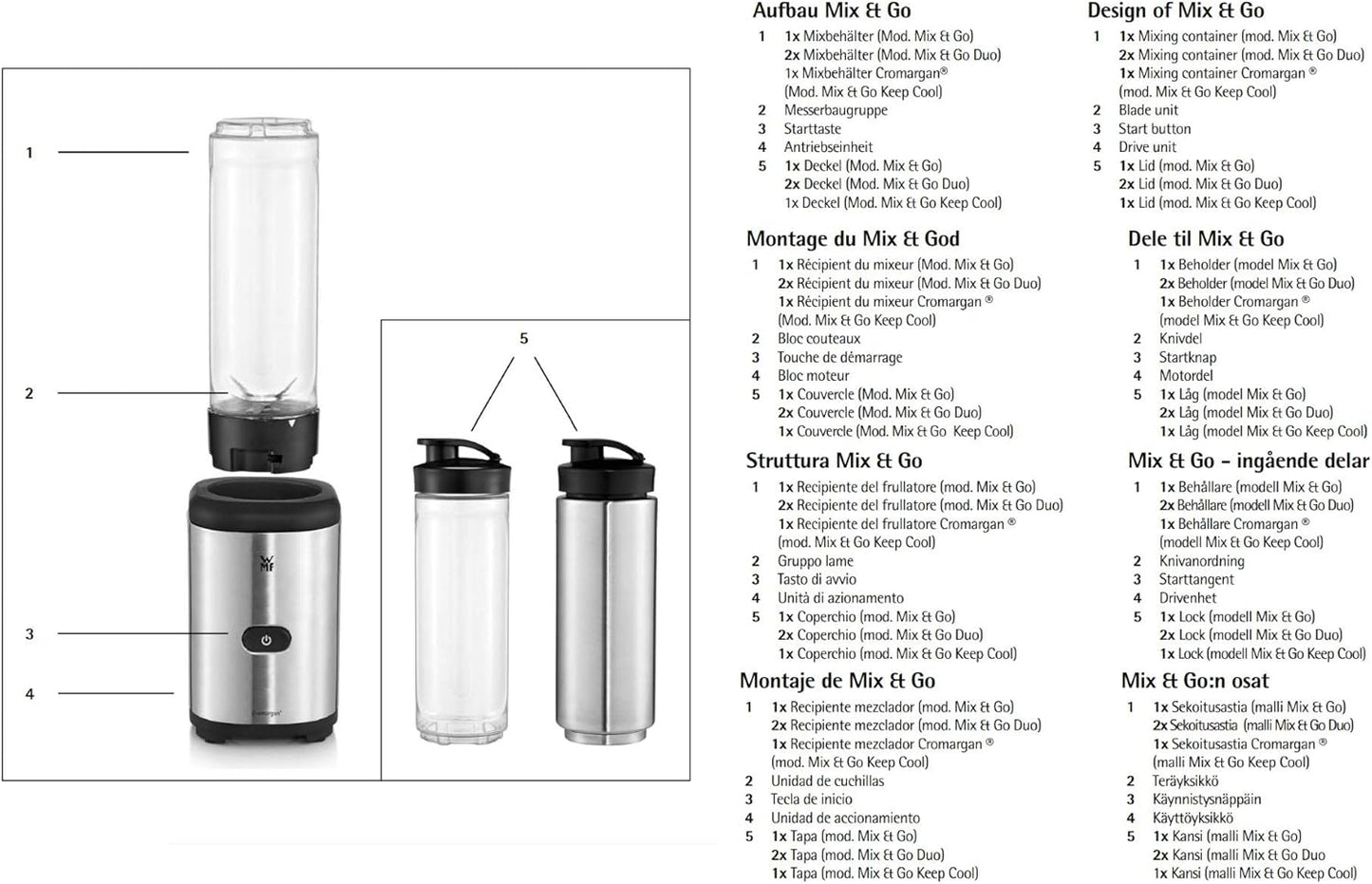 WMF Kult X Mix & Go Mini Smoothie Maker, Standmixer, Blender elektrisch, Shake Mixer 300 Watt Leistung, Tritan-Kunststoff Flasche 600ml, auslaufsicherer Schraubdeckel, rutschfeste Füße, Silber/Schwarz
