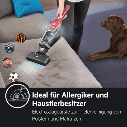 AEG Ergorapido 2in1 Akku Staubsauger, Beutellos, inkl. Tierhaardüse, bis zu 45 Min. Laufzeit, Freistehend, 180° Drehgelenk, Bürstenreinigungsfunktion, LED-Frontlichter, Rot, CX7-2-45AN