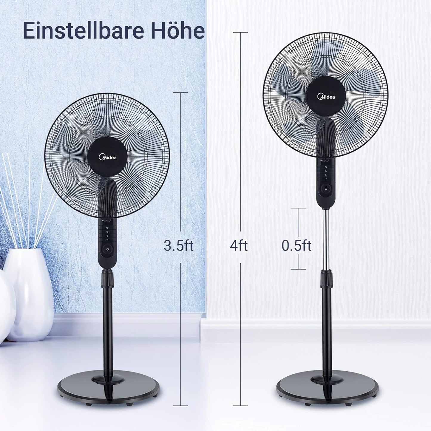 Midea FS40-15FR Standventilator Leise mit Fernbedienung, 3 Geschwindigkeitsstufen,LED Anzeige, 7,5H Timer, höhenverstellbar, 80°Oszil-lationsfunktion, 55W Kraftvoller,Ventilator,Luftzirkulation