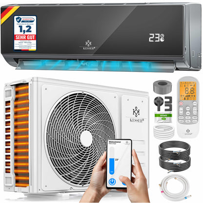 KESSER® Klimaanlage Set Split - mit WiFi/App Funktion Klimagerät - Kühlen A++/ Heizen A+ -12000 BTU/h (3.400 Watt) Kältemittel R32 - Fernbedienung, Timerfunktion - Inkl. komplettem Montagematerial
